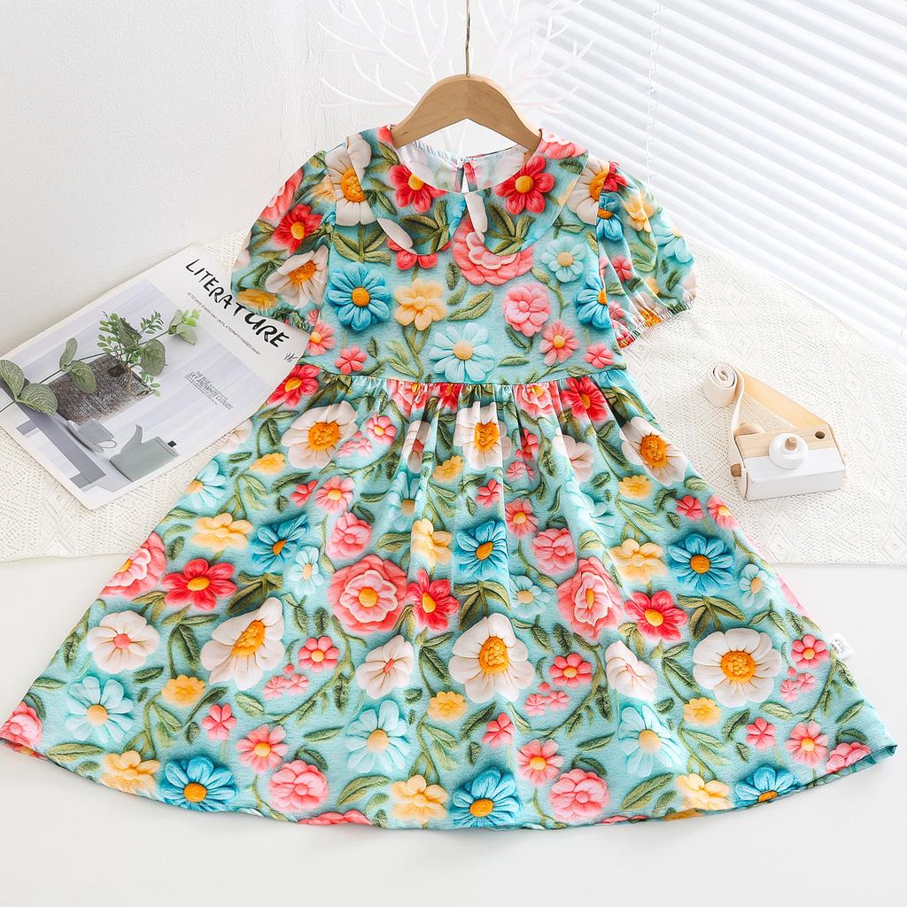 Resort Style Children's Clothing Summer Style Children's Cotton Silk Doll Collar Princess Dress Girls Artificial Cotton Floral Dress