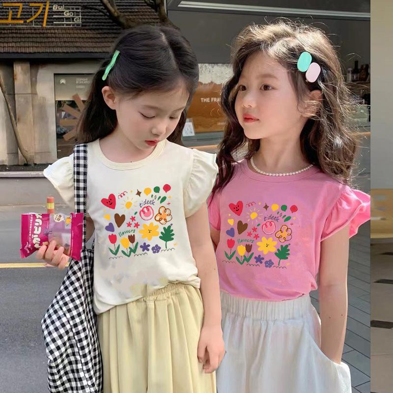 Girls Summer Cotton Short Sleeve T Shirt Baby Cute Flutter Sleeve Top Kids Breathable Thin Blouse