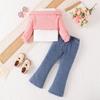 Autumn Girls' Outfit Trendy Style Toddler Fake Two-Piece Off-Shoulder Top Denim Flared Pants