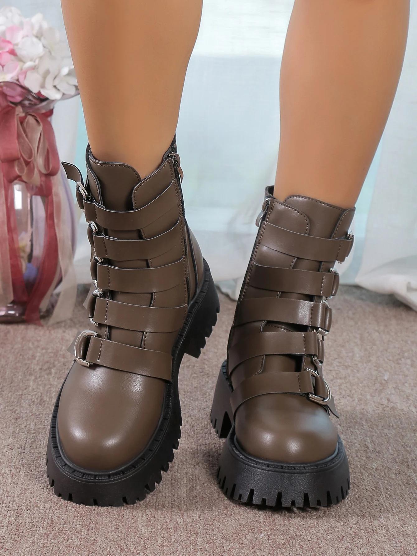 

Современные ботинки на квадратном каблуке до середины икры для женщин, модные зимние однотонные резиновые женские туфли, средний каблук, пуговицы, круглый носок, ПУ ботинки 42 темно-коричневого