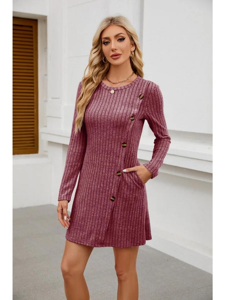 Popular Women's Round Neck Side Button Pocket Long Sleeved Waist Tied Dress