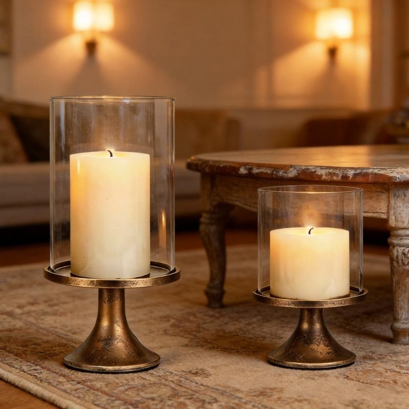 Conjunto de Castiçais à Prova de Vento para Mesa com Cúpula de Vidro Transparente e Bases em Tom Bronze para Centro de Mesa de Casamento, Decoração de Entrada para Casa