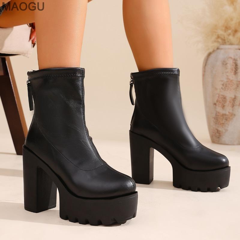 Stivaletti Corti Marroni da Donna con Suola Spessa in Pelle con Tacco Chunky per Donna Moda Primavera Autunno Botines Neri Antiscivolo
