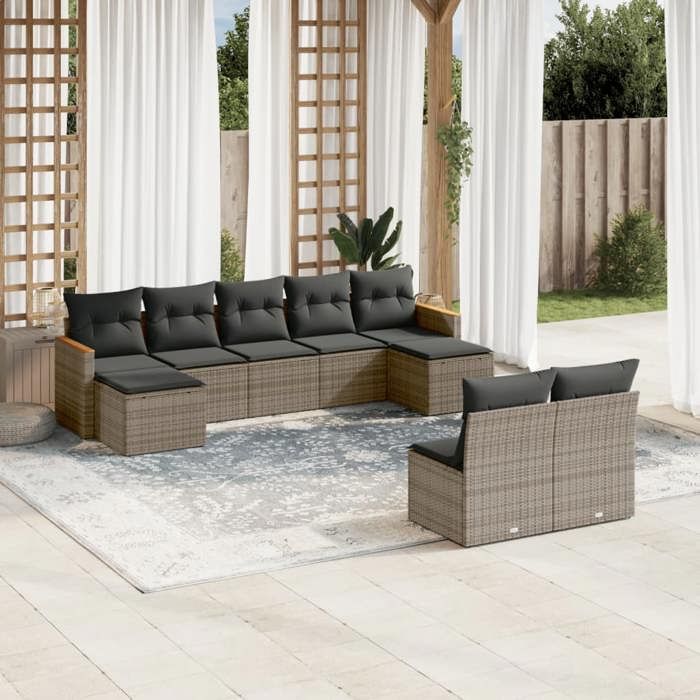 VidaXL Salon de Jardin avec Coussins 9 pcs, Canapés de Terrasse, Ensemble de Meubles de Patio, Mobilier d'Extérieur, Gris 3258777