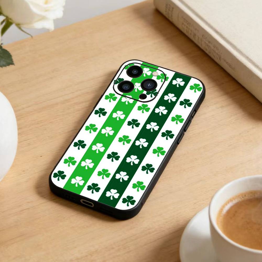 Lucky-Four-leaf Clover Phone Case For iPhone 17 16 15 14 13 12 Max Plus Silicone Black Cover