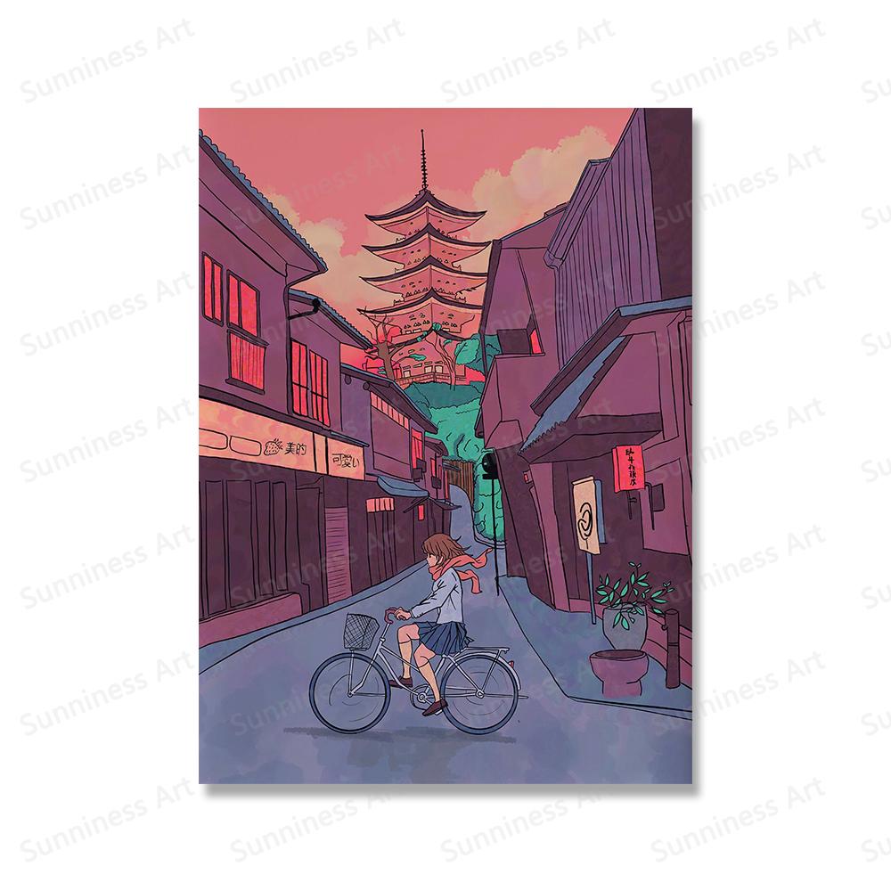 Comics Posters Kyoto City Walk Town Prints Cartoon Japan View Street Landscape Painting Wall Art Pictures for Living Room Decor