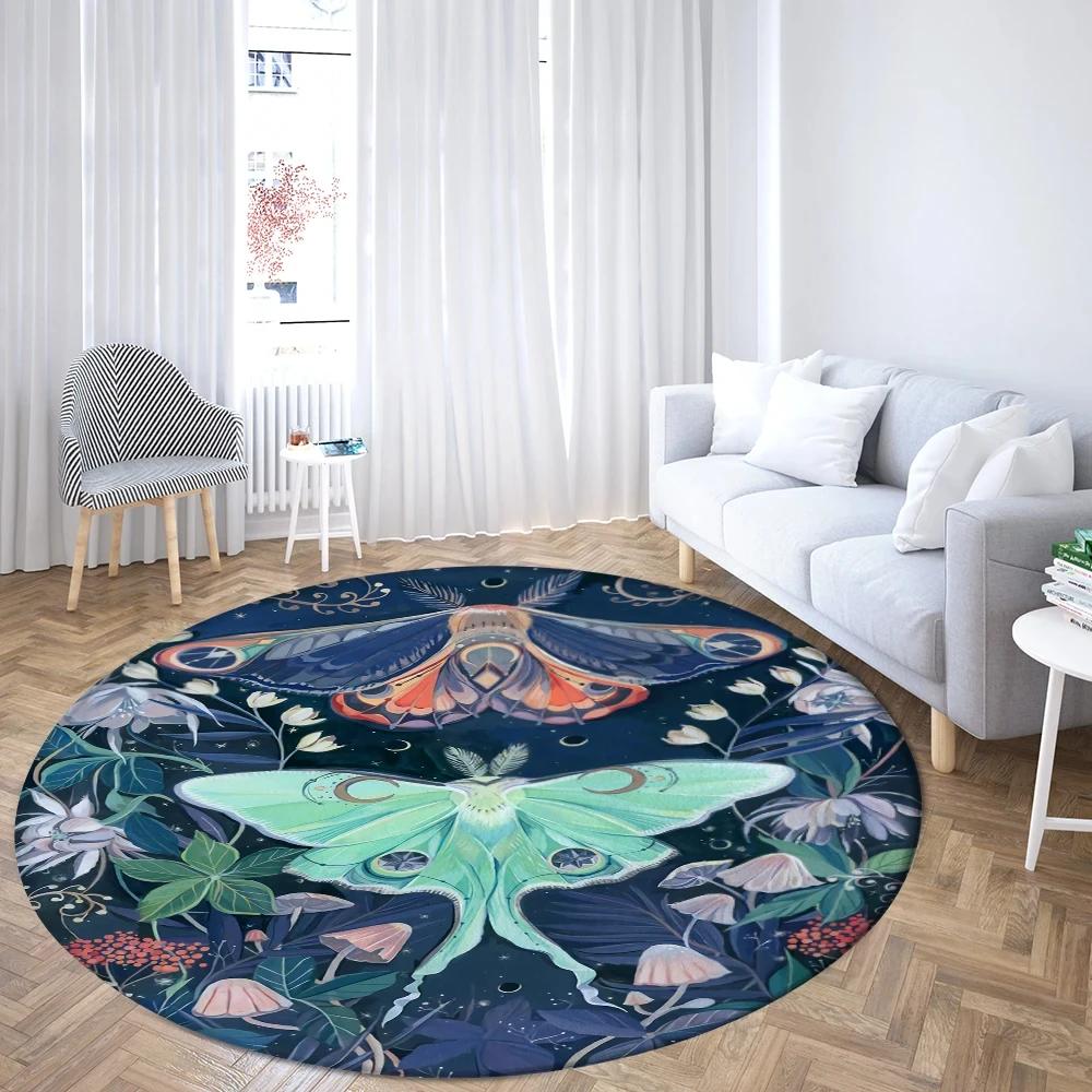 Boho Mushroom Butterfly Round Rug Cartoon Mushrooms Carpet for Living Room Office Bathroom Decor Kawaii Fungus Indoor Floor Mat