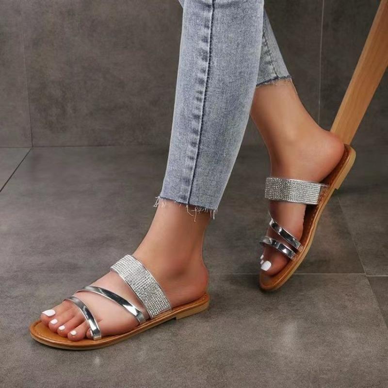 Womens Summer Sandals Rhinestone One Band Flat Slippers European and American Style Plus Size