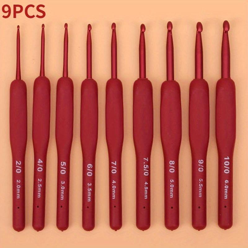 9pcs/set Red Crochet Hooks Needle Silicone Handle Aluminum Crochet Needle Set Knitting Needles DIY Sweater Weave Sewing Knitting Tool