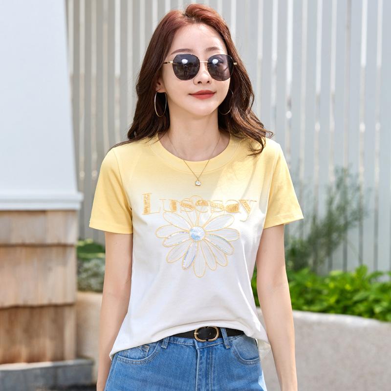 Damenbekleidung Südkorea Trendige Marke Kurzarm Lässiges T-Shirt Damen Locker Pailletten T-Shirt Für Damen