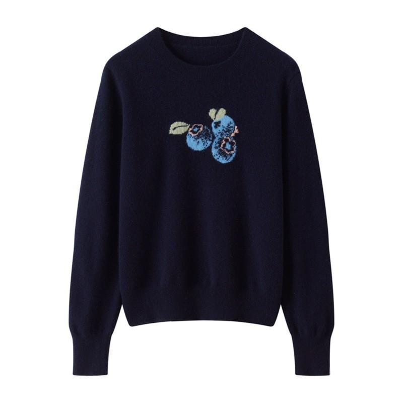 Womens 100% Cashmere Sweater Round Neck Pullover With Blueberry Embroidery Jacquard Knit Winter Layering