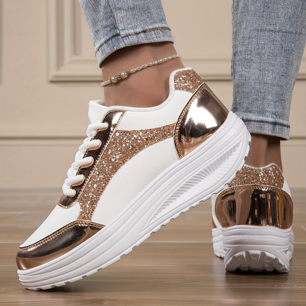 Thick-Soled Height-Increasing Silvery Rocking Shoes, Comfortable Cushioned Casual Sneakers, Women Shoes