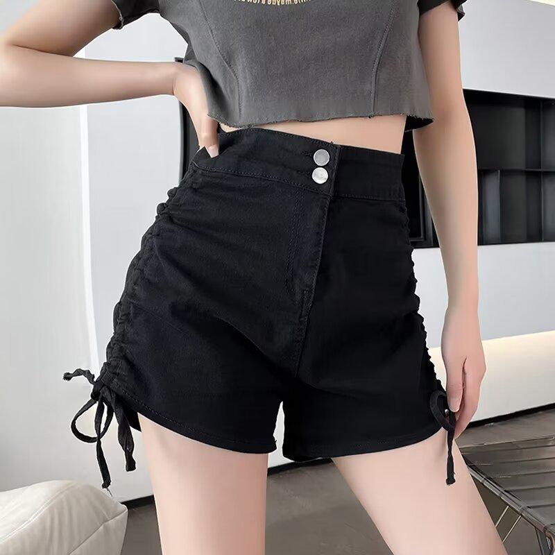 

2024 Women s Black Drawstring Pleated Summer Casual Shorts S чёрный