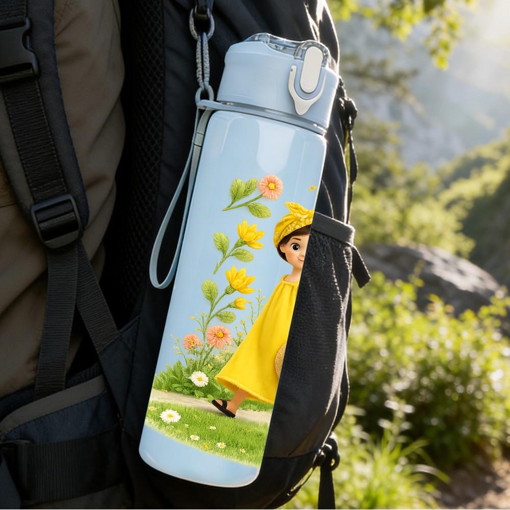 1PC Girl In Yellow Vintage Dress Print 750ml Color Plastic Sports Water Bottle Leakproof Flip Straw Lid Suitable for Sports Office Home Use