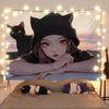 Anime Girl And Cat Healing Scenery Tapestry Wall Hanging Decorative Fabric for Room Headboard And Background Decoration