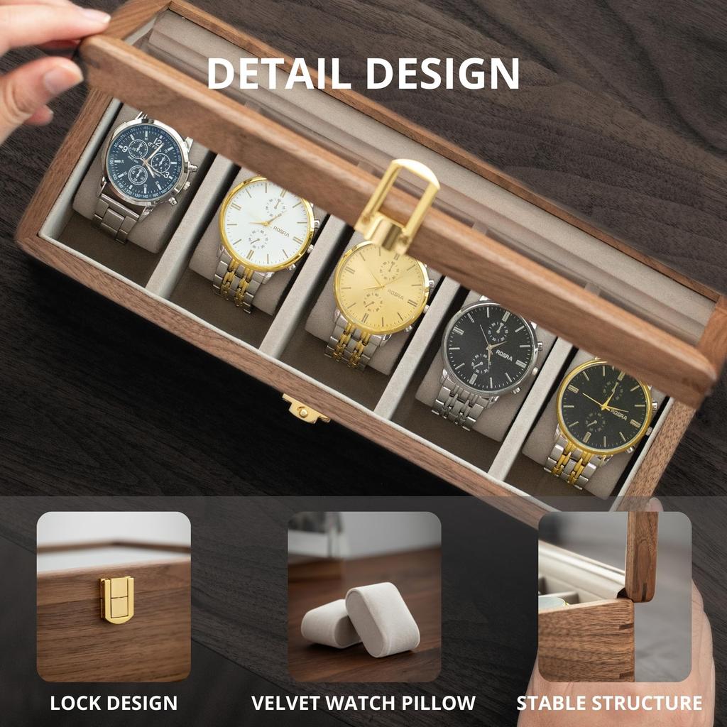 Muso Wood Watch Case for 5 Watches, Wooden Watch Case with Clear Window, Storage Box with Removable Pillow, Luxury Watch Display Case (Walnut)