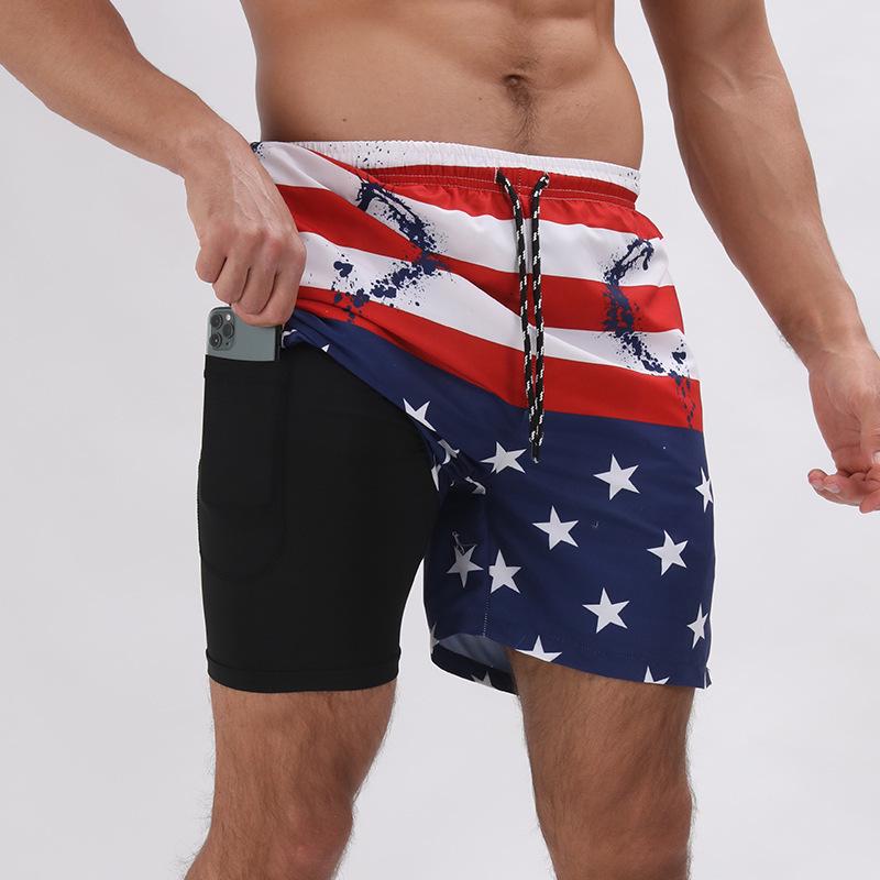 Crazy Muscle Summer Men's Printed Double Layer Plus Size Beach Shorts