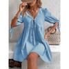 Elegant Loose-Fitting Woven Dress With A Deep V-Neck Design Chest Tie And A-Line Skirt