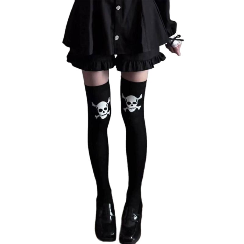 Women Gothic Skeleton Print Over Knee Socks Elastic Nylon Blend Thigh High Stockings For Halloween Event And Fall Outfit