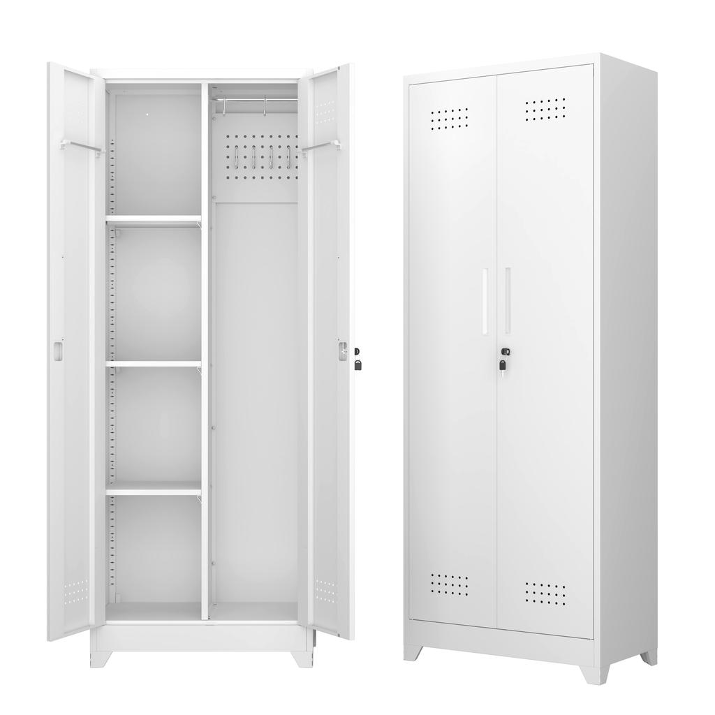 White 65" Metal Cleaning Tool Storage Cabinet with Locking Doors, Shelves, Hanging Rod & S-HooksW