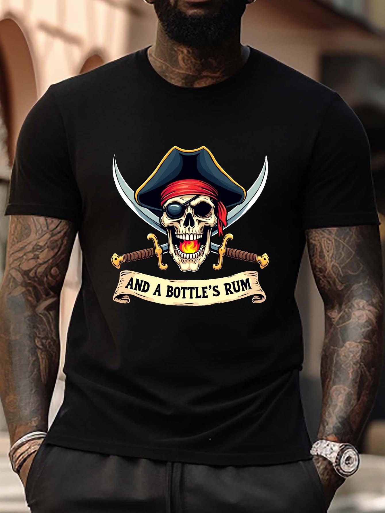 Pirate Skull & Rum Graphic T-shirt - Plus Size Black Tee with And a Bottle s Rum Buccaneer Design - Heavy Duty Crew Shirt for Pirate Parties M