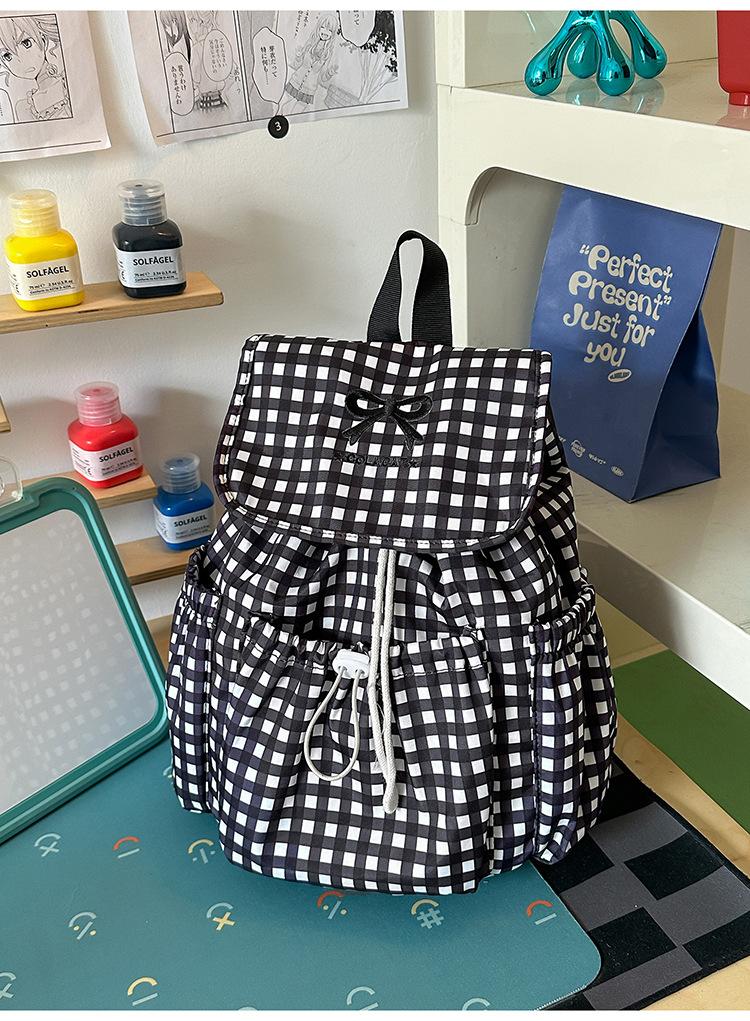 Schoolbag sea salt light blue plaid drawstring flip bag sweet milk huhu little fairy daily shopping photo backpack