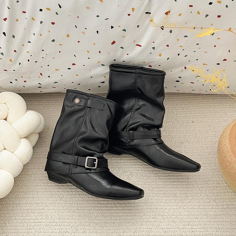 Winter Design Thick Heel Women Mordern Pipe Boots Fashion Belt Buckle Slip On Shoes Ladies Fashion Banquet Party Short Booties