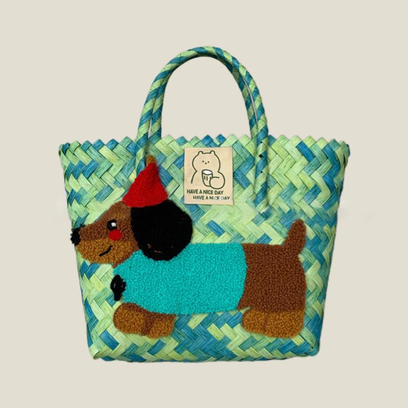 Retro Striped Dachshund Dog Woven Bag Trendy Cute Handbag Large Capacity Tote Bag  Bamboo Handle Vegetable Basket Bag
