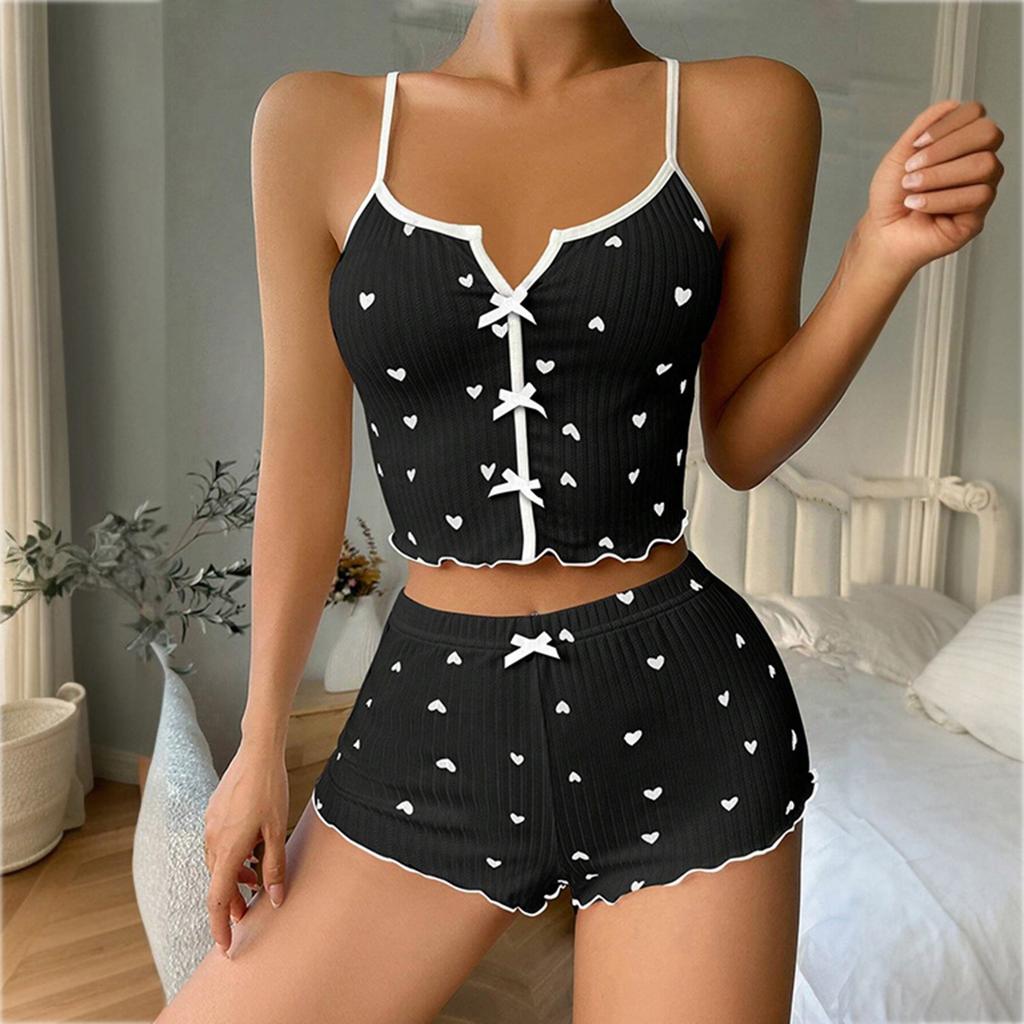 Women's Heart Printed Front Slit Camisole Pajama Set Sleepwear Loungewear