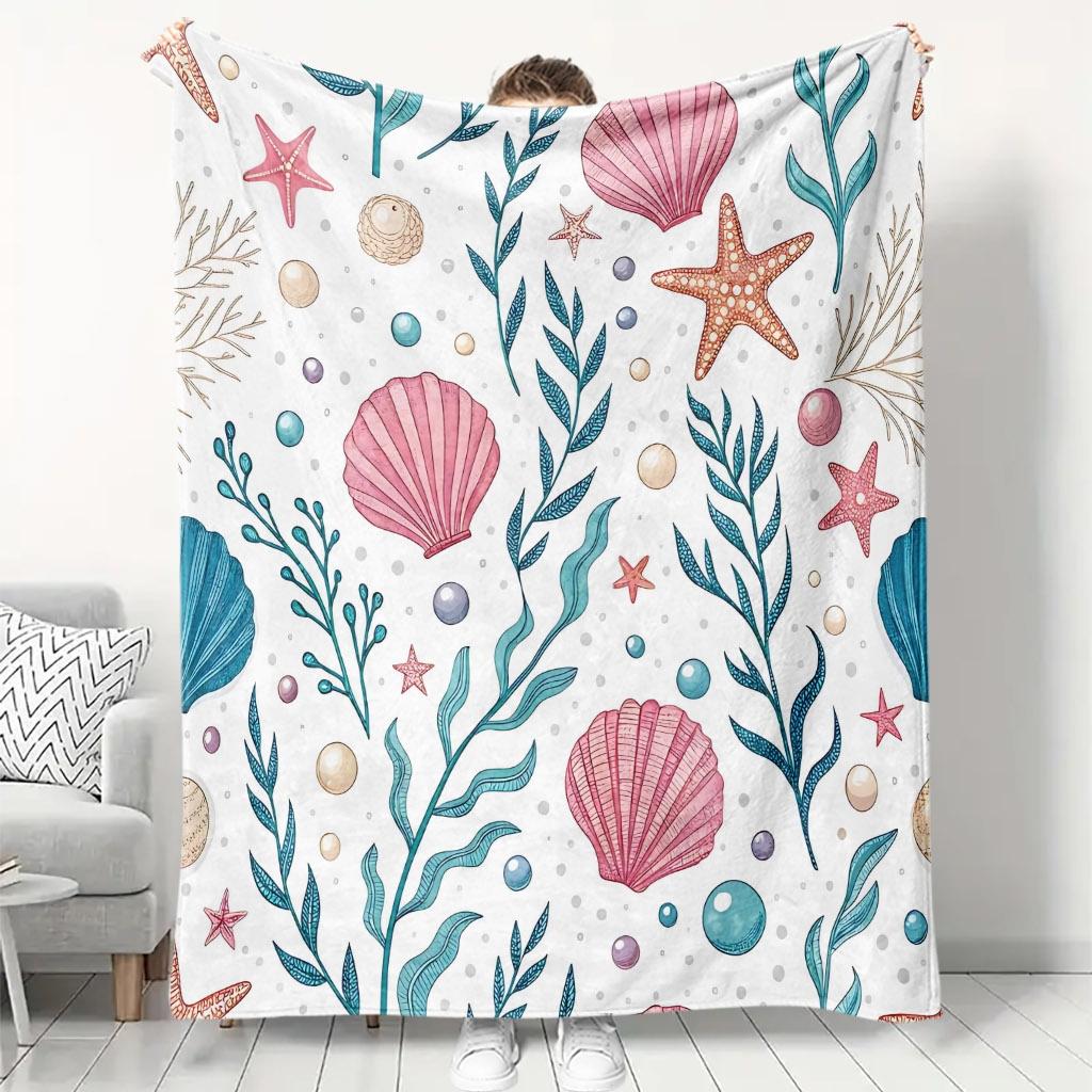 1pc Comfortable Ocean Life Pattern Flannel Blanket, 100% Polyester Fiber HD Digital Print, Suitable for All Seasons, Cooling Blanket, Skin-Friendly an