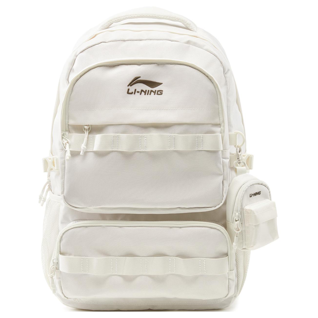 Li Ning Sports Lifestyle Series Fashion Trend Multi Pocket Large Capacity Polyester Backpack Unisex Backpack Off-White ABSU515-1 Ivory