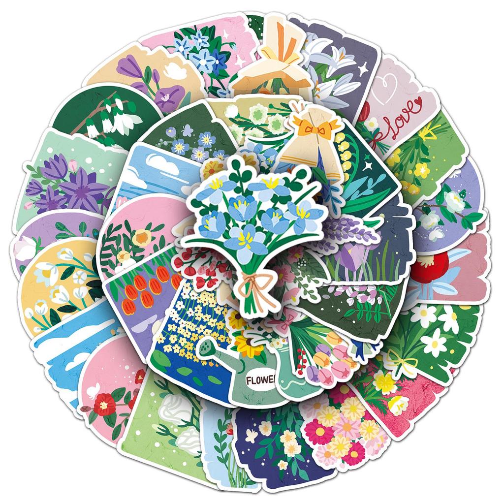 50 Floral Oil Painting Style Stickers for Journals and Cars - Waterproof and Original Cartoon INS Style.