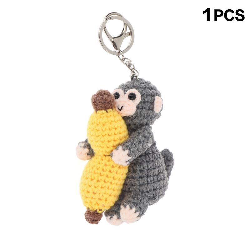 Cute Crochet Monkey Banana Keychain Handmade Knitted Animal Bag Charm Backpack Pendant Key Holder Lovely Gifts