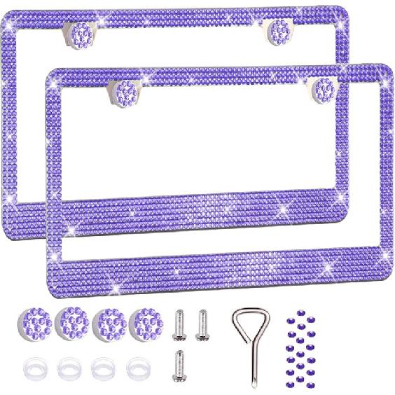 2 Pack License Plate Frames For Women, Sparkly Rhinestone Diamond Car Accessories With Glitter Crystal Caps (Purple (2PCS))