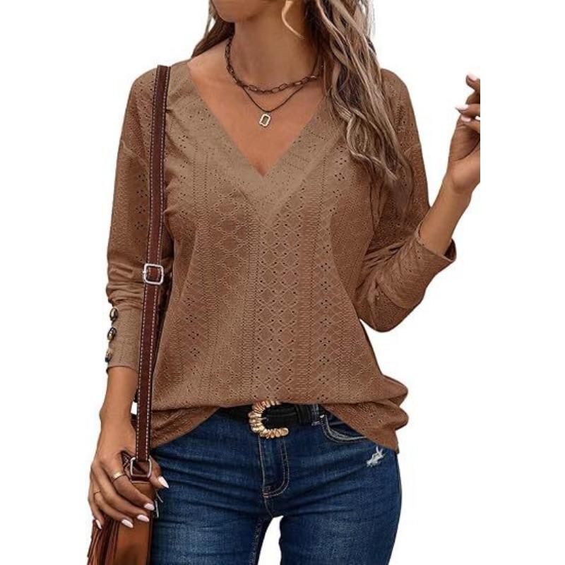 BITCED Women's Fashion Casual Solid Color Print Long Sleeve V Neck Blouses & Shirts