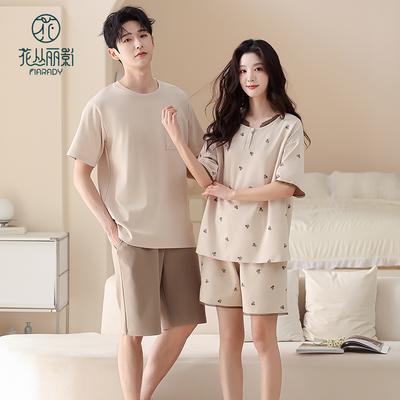Flower Blossom Liying Couple Summer Short Sleeved Pajamas with Polka Dot Simple Round Neck Pullover Home Wear HK