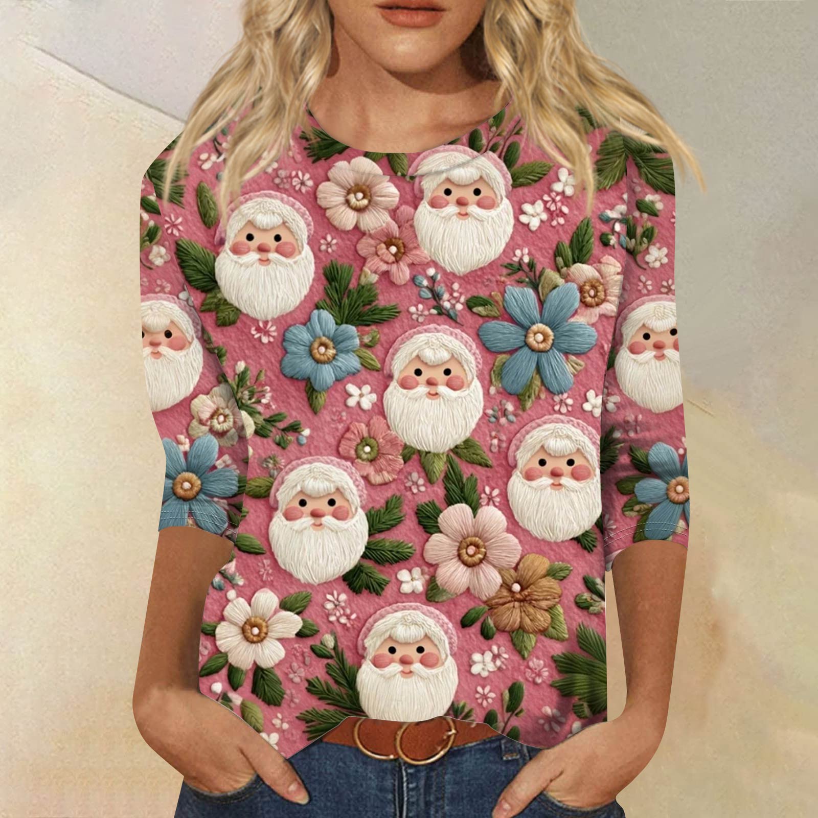 

Жіноча модна повсякденна вільна футболка з принтом і круглим вирізом з рукавом 3/4 XXL