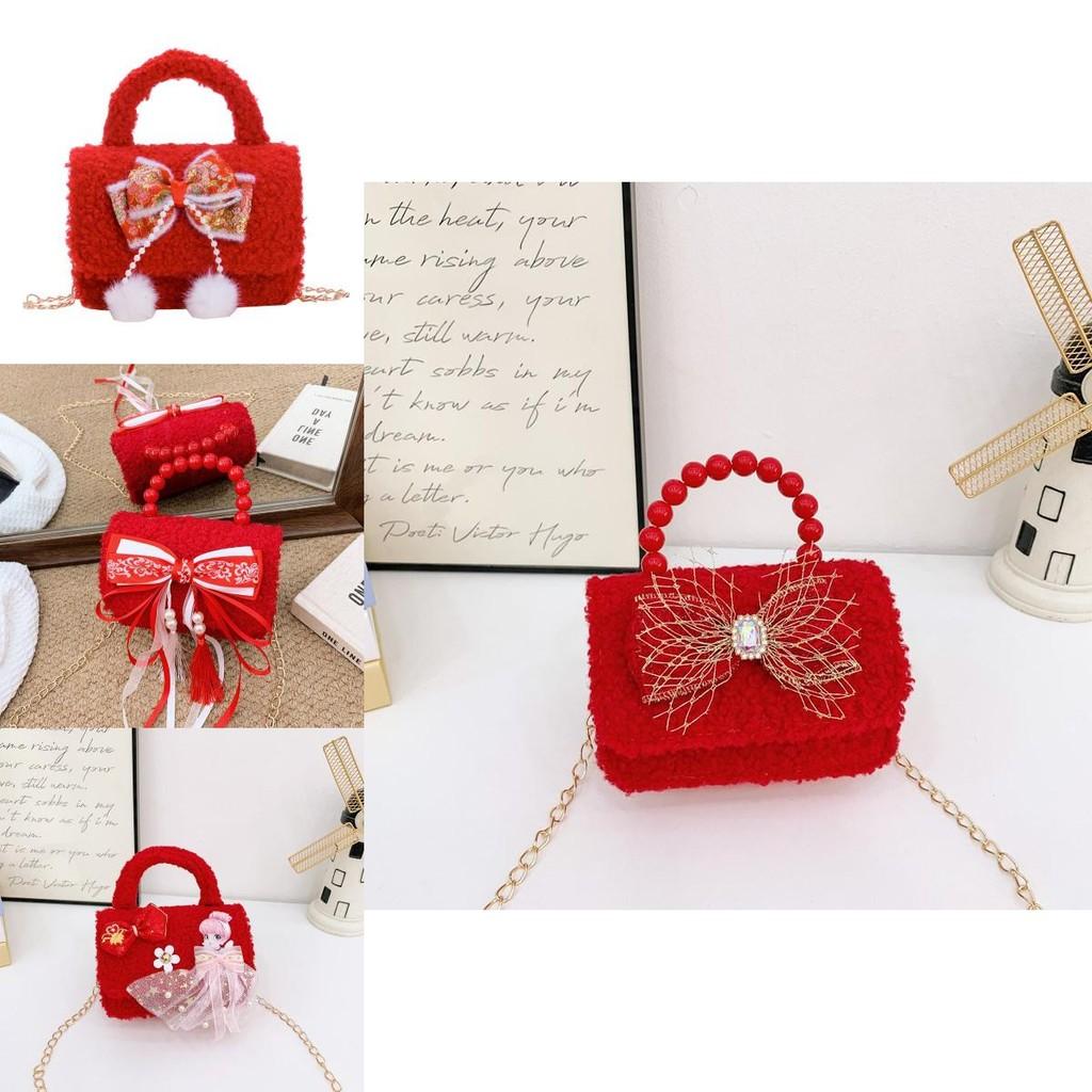 Festive Cute Red Girls Handbag With Butterfly Bow Tassels Perfect For Kids