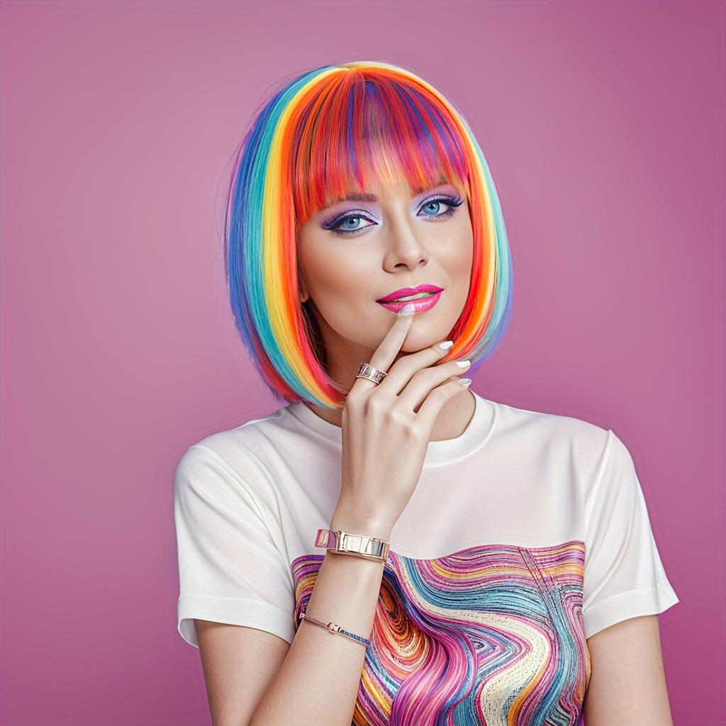 Multicolor Rainbow Wig Short Bob Wig With Bangs Straight Synthetic Cosplay Wig For Women Girls