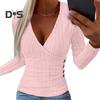 Dámské podzimní jednobarevné topy s hlubokým výstřihem do V, halenka s dlouhým rukávem, elegantní slim fit, knoflíky, dekorace, žebrované svetry