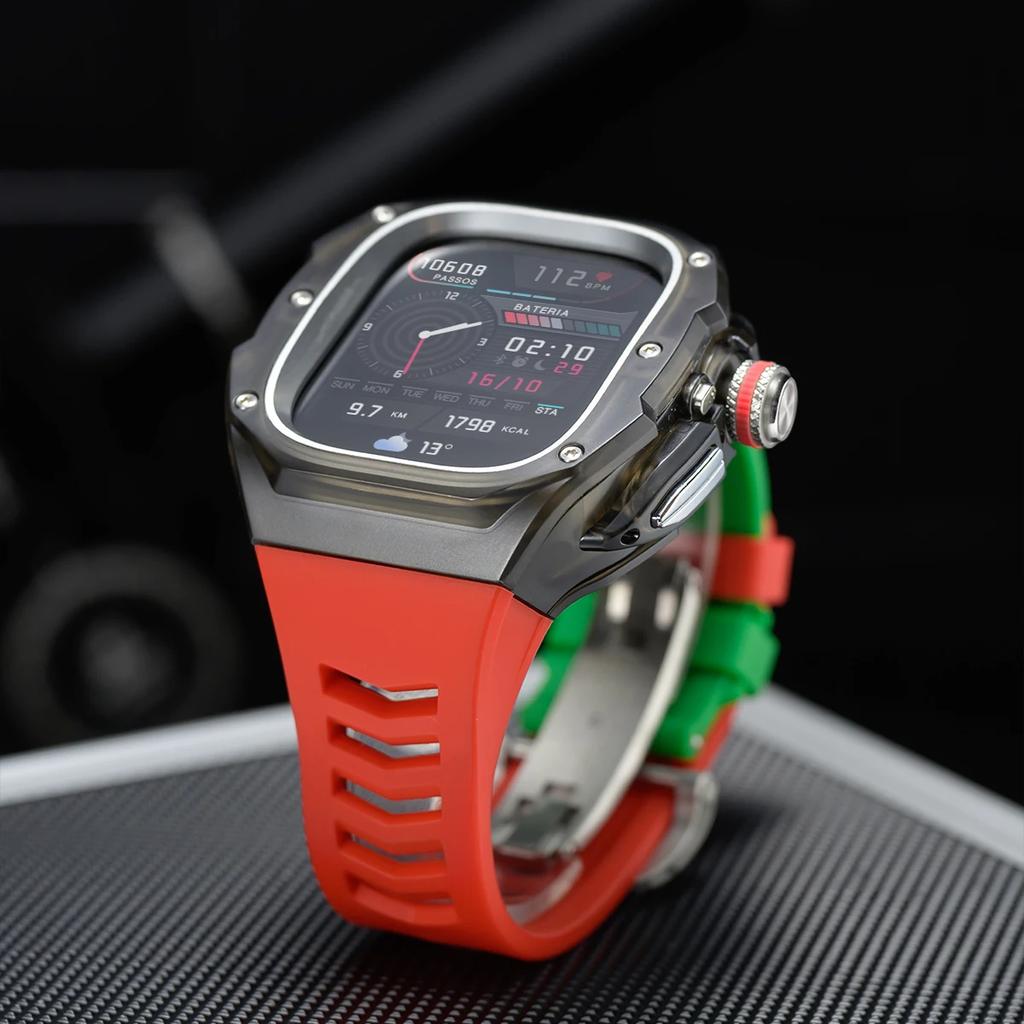 Prabangus modifikacijų rinkinys Apple watch Ultra 3/2/1 49mm Sportinis guminis dirželis+Dėklas Iwatch ultra 49mm Skaidrus Glacier dėklas Modifikavimo rinkinys