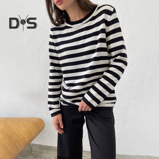 Dámské topy Kulatý výstřih Dlouhý rukáv Svetr s pruhovaným potiskem Volný střih Pružný Retro Pletené topy Denní nošení