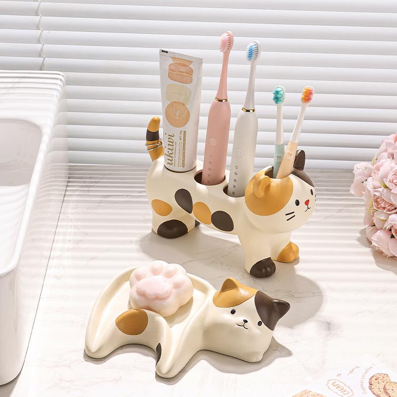 Three-flower Cat Electric Toothbrush Rack Rack Couple Toothpaste Placed Washstand Base Bracket Ceramic Holder Bathroom Supplies