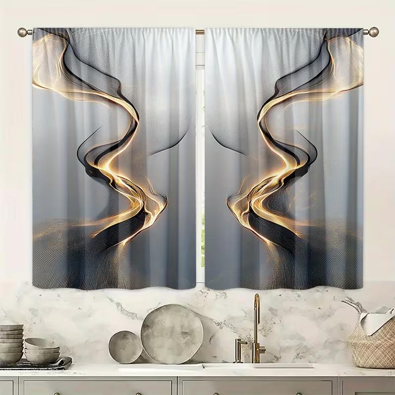 2PC Abstract Gold & Black Smoke Curtains - Modern Gradient Wave Print Window Drapes for Living Room Bedroom Decor