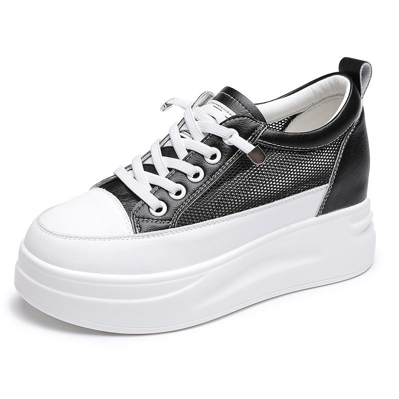 Fashion Summer New Style Thick-soled Insole Height-increasing Genuine Leather Women's Shoe Mesh White Sneakers Casual Sports Women Shoes