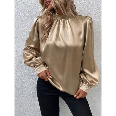 Women's Stand Up Collar Lantern Sleeve Shirt Satin Versatile Long Sleeved Blouses & Shirts