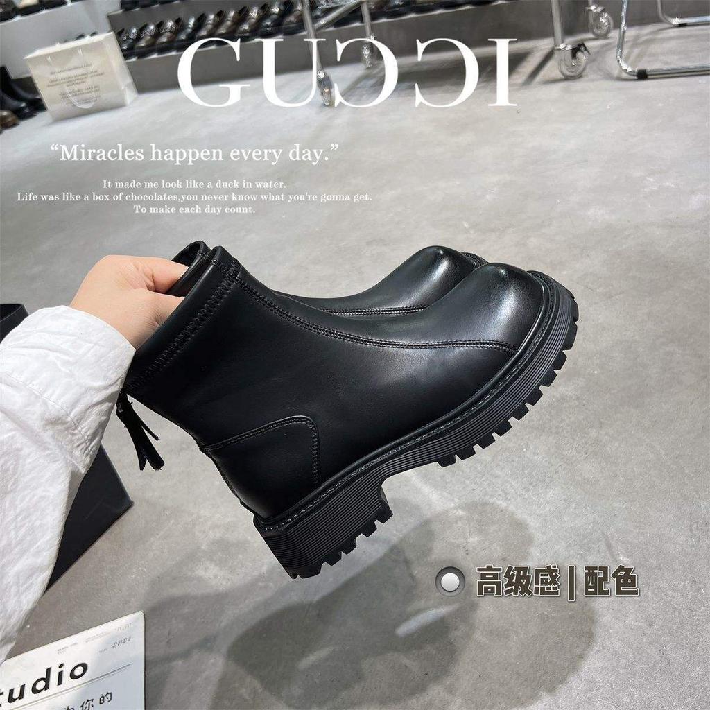 Martin boots women's British style 2025 winter new velvet thick-soled thin boots rear zipper inner heightening Chelsea short boots