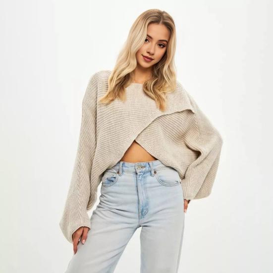 Women Sweater O-Neck Batwing Long Sleeve Solid Color Loose Fit Knitting Tops