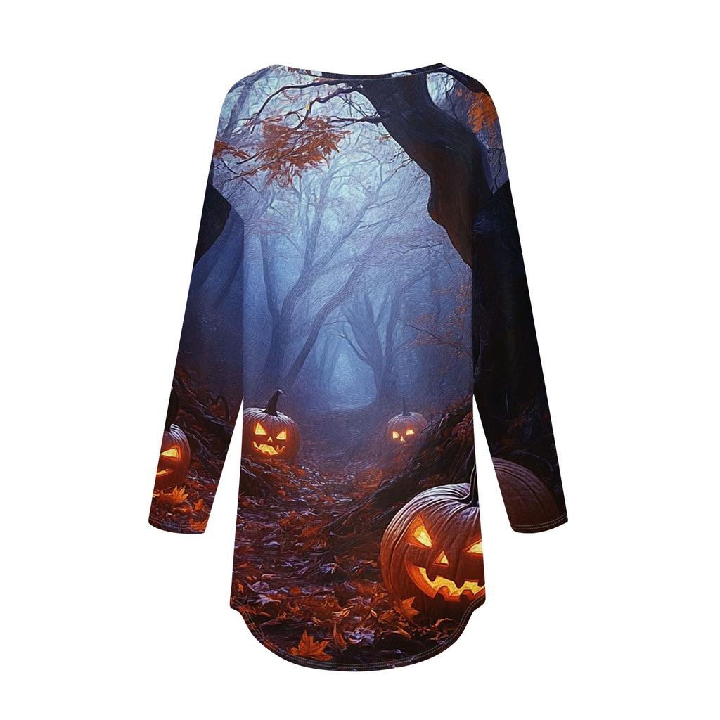 Women's Fashion Loose Round Neck Halloween Printed Long Sleeve T-Shirt Top Pullover