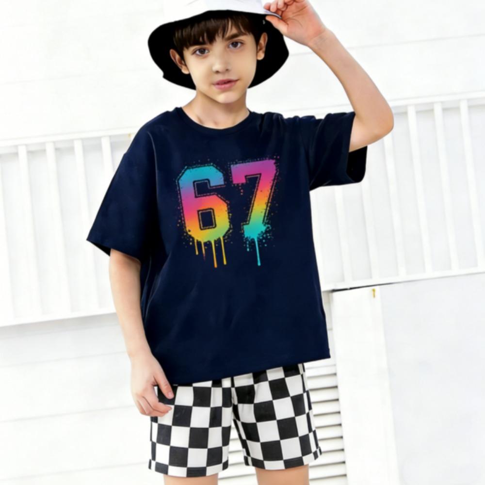 Cartoon 67 Printed Kids T-shirt and Shorts 2 Piece Set Summer Casual Outfit for Boys and Girls Kids Clothing
